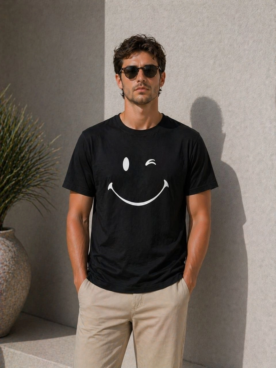 69f497dbafe5e-67993039-sw960sh1280 Erkek Minimal Gülümseyen Yüz Baskılı Tişört Kısa Kol Yazlık T-Shirt - Siyah - Görsel 2