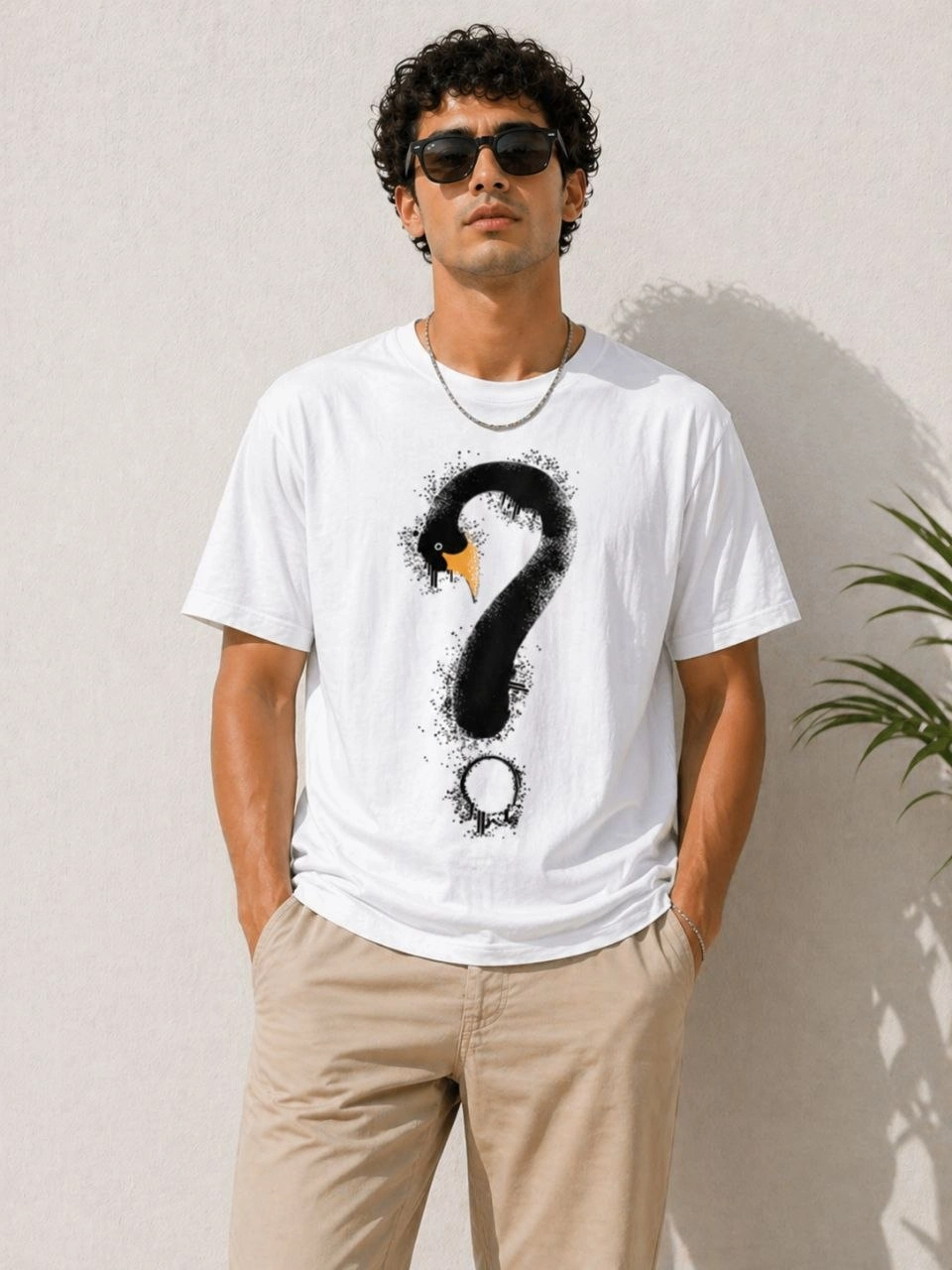 69f49d77204bc-91439936-sw960sh1280 Erkek Kuğu Figürlü Soru İşareti Baskılı Tişört Kısa Kol T-Shirt - Beyaz - Görsel 2