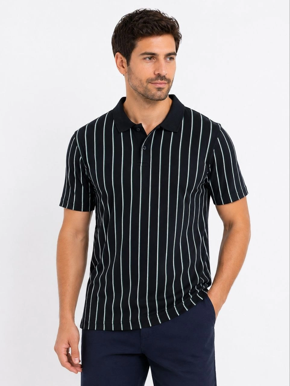 69f49ecd537d1-62270936-sw962sh1280 Erkek Pike Kumaş Çizgili Polo Yaka Tişört Kısa Kol Yazlık T-Shirt - Siyah