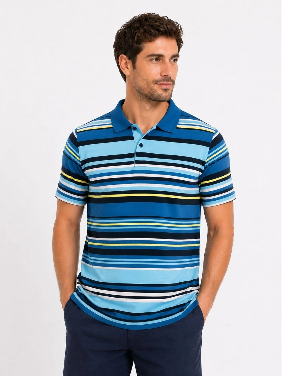 69f49f5cc147c-92542390-sw962sh1280 Erkek Çizgili Polo Yaka Tişört Kısa Kol Yazlık T-Shirt Regular Fit - Mavi