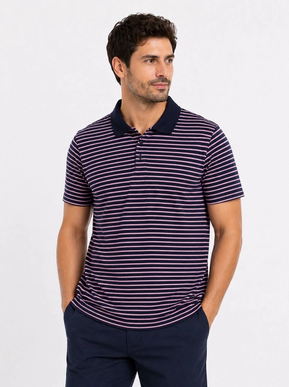 69f4a0074b7ec-21827666-sw958sh1280 Erkek Pike Kumaş Gül Kurusu Çizgili Polo Yaka Tişört Kısa Kol T-Shirt - Siyah