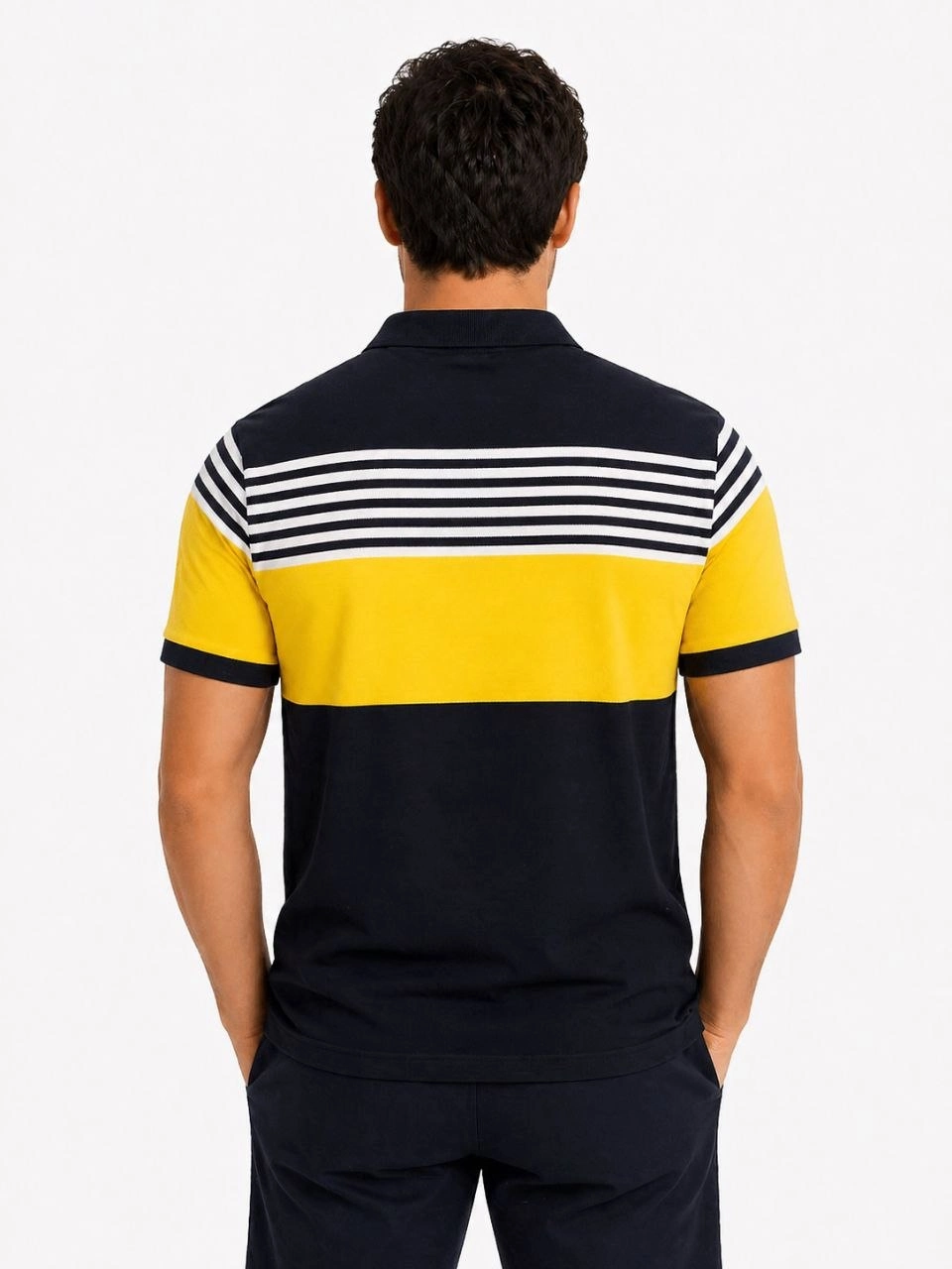 69f4a0852e29f-34556420-sw960sh1280 Erkek Pike Kumaş Çizgili Polo Yaka Tişört Kısa Kol Yazlık T-Shirt - Lacivert - Görsel 2