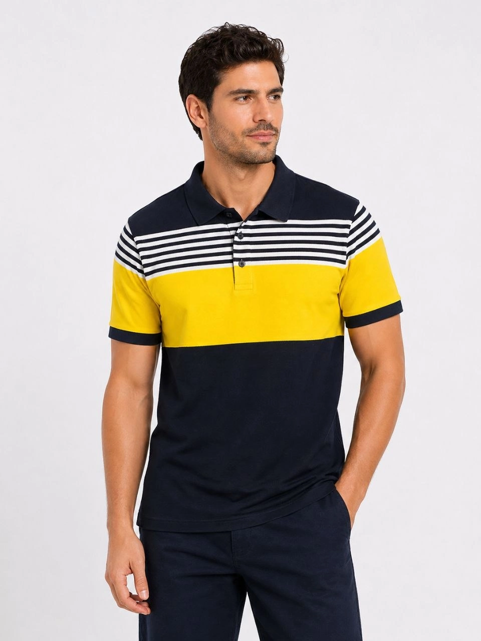 69f4a0853037b-563865-sw960sh1280 Erkek Pike Kumaş Çizgili Polo Yaka Tişört Kısa Kol Yazlık T-Shirt - Lacivert