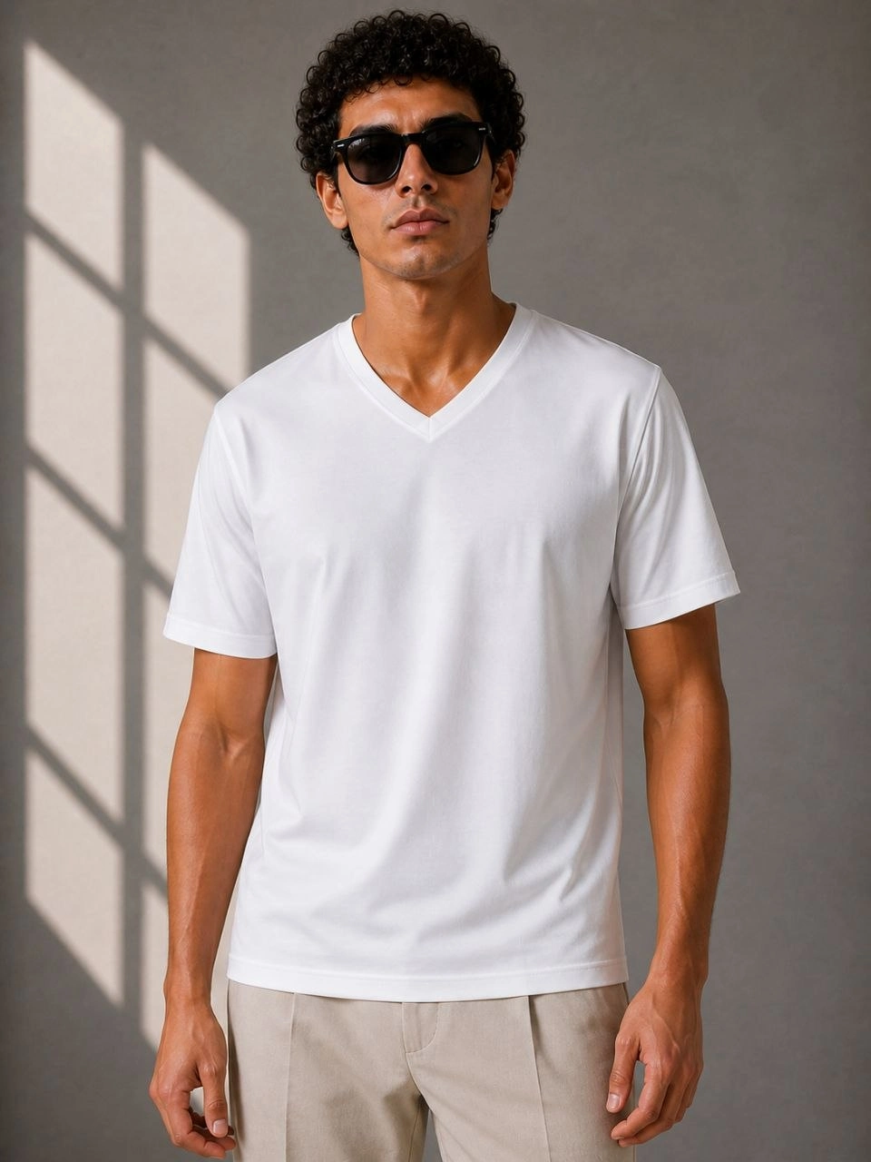 69f72ffb04542-58994235-sw960sh1280 Erkek V Yaka Basic Tişört Kısa Kol Yazlık Regular Fit T-Shirt - Beyaz - Görsel 2