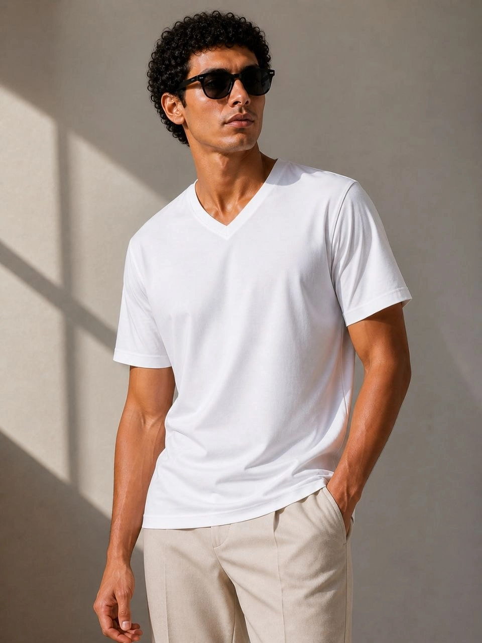 69f72ffb053a0-28164323-sw960sh1280 Erkek V Yaka Basic Tişört Kısa Kol Yazlık Regular Fit T-Shirt - Beyaz