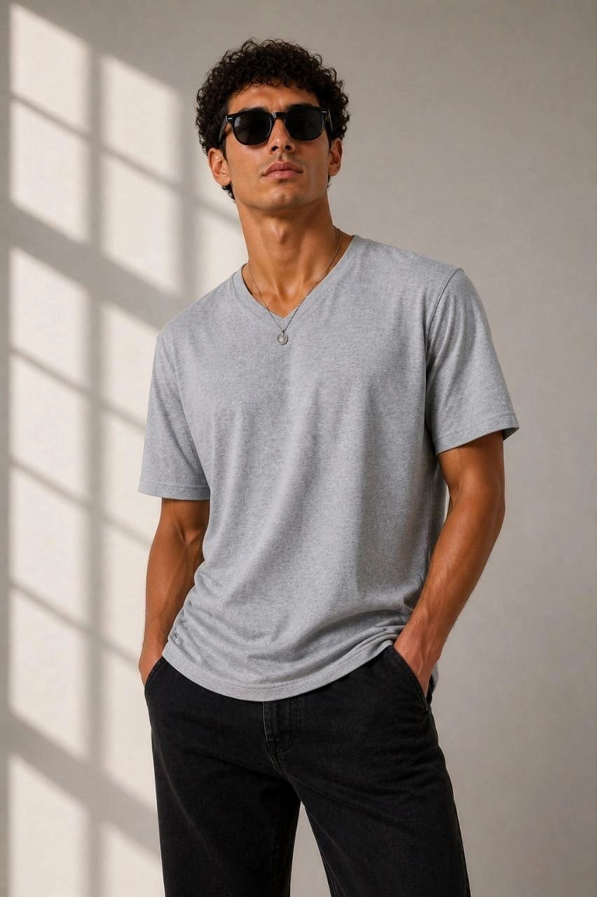 69f7306e1a369-23364872-sw852sh1280 Erkek V Yaka Basic Tişört Kısa Kol Yazlık Regular Fit T-Shirt - Gri
