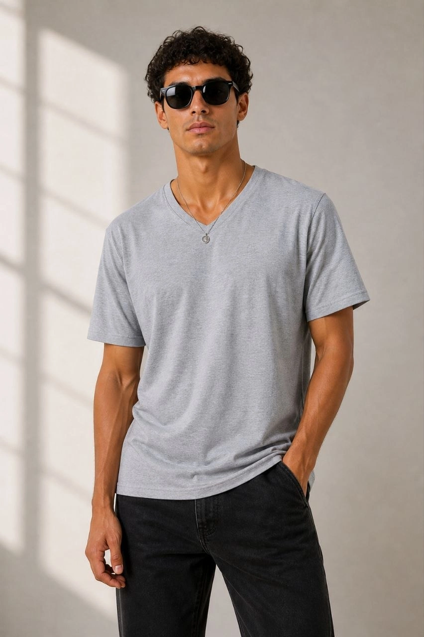 69f7306e33429-47294953-sw852sh1280 Erkek V Yaka Basic Tişört Kısa Kol Yazlık Regular Fit T-Shirt - Gri - Görsel 2