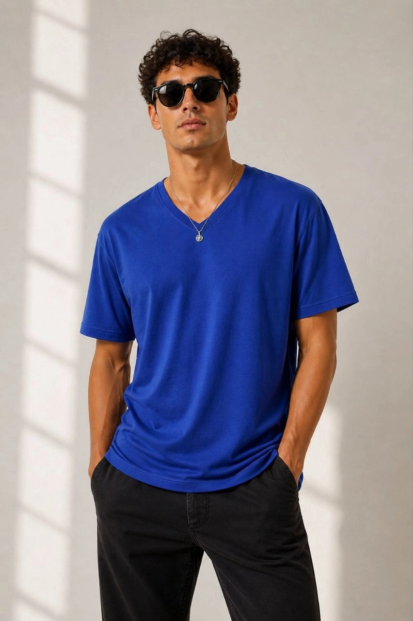 69f7311aabd50-62775145-sw852sh1280 Erkek V Yaka Basic Tişört Kısa Kol Yazlık Regular Fit T-Shirt - Saks Mavisi