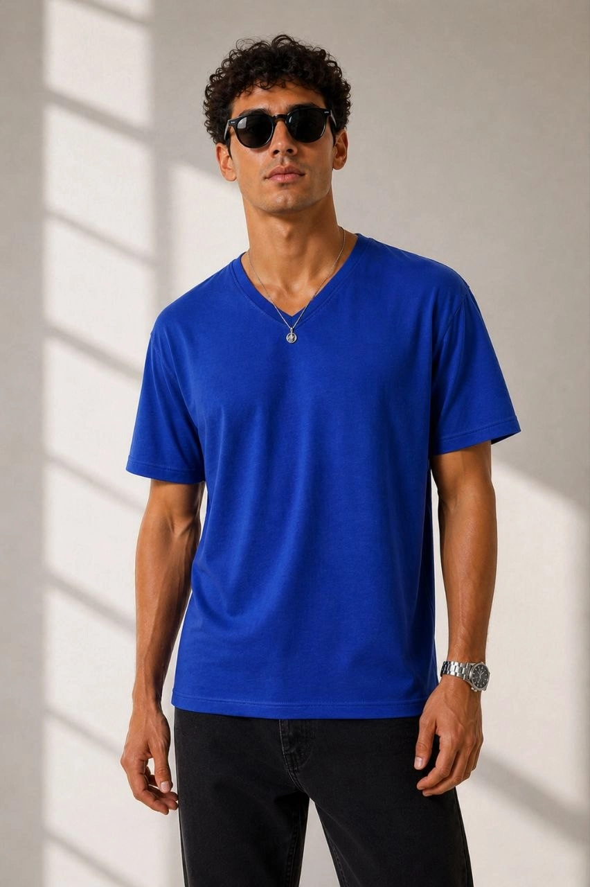 69f7311abae02-81406979-sw852sh1280 Erkek V Yaka Basic Tişört Kısa Kol Yazlık Regular Fit T-Shirt - Saks Mavisi - Görsel 2