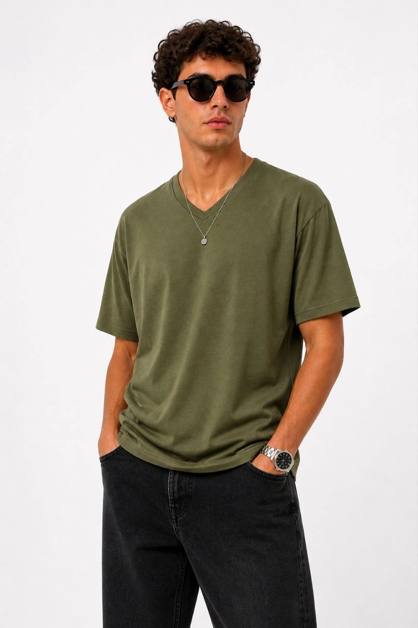 69f7316543903-47367285-sw852sh1280 Erkek V Yaka Basic Tişört Kısa Kol Yazlık Regular Fit T-Shirt - Haki
