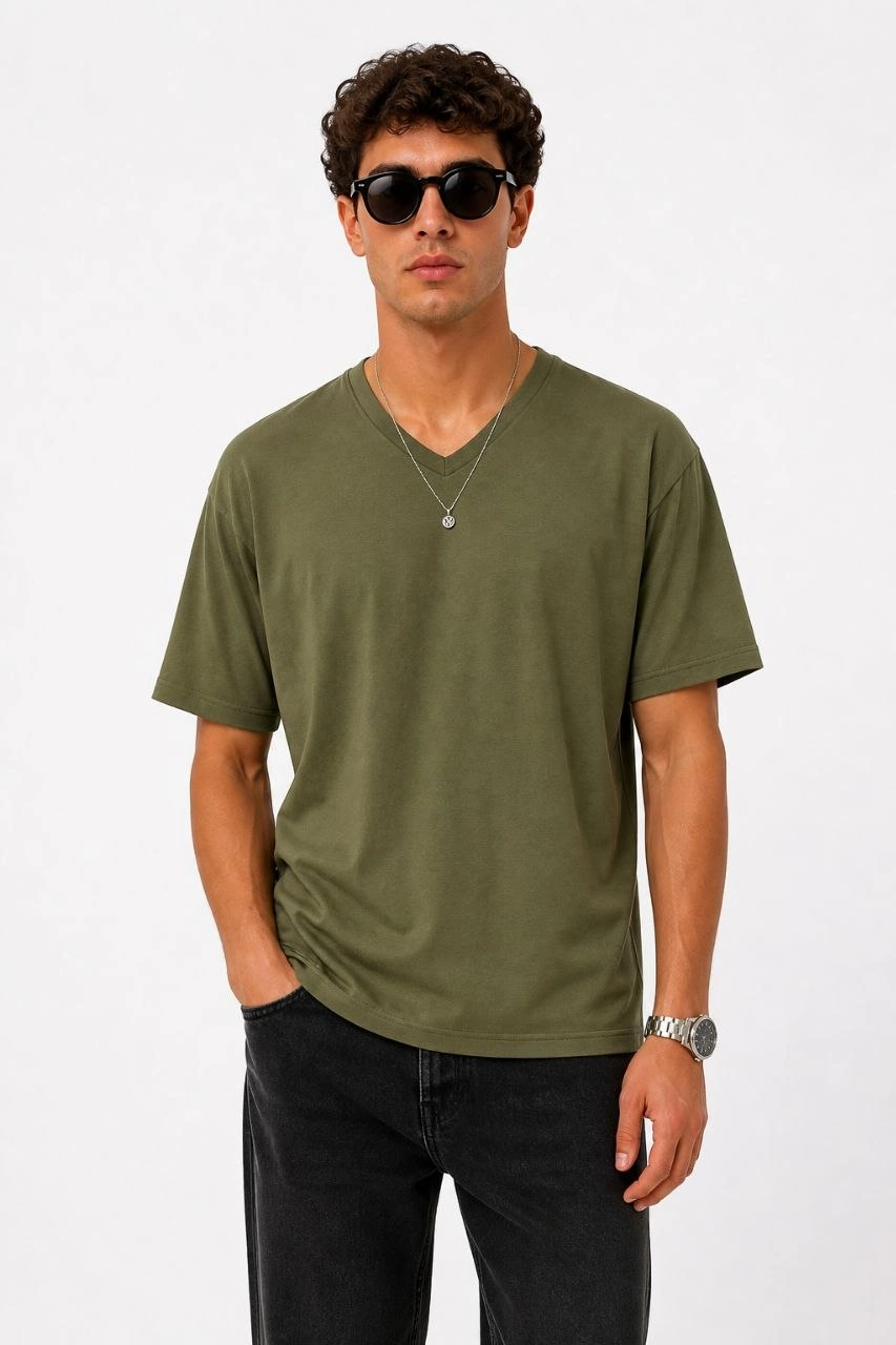 69f731654d156-59998477-sw853sh1280 Erkek V Yaka Basic Tişört Kısa Kol Yazlık Regular Fit T-Shirt - Haki - Görsel 2