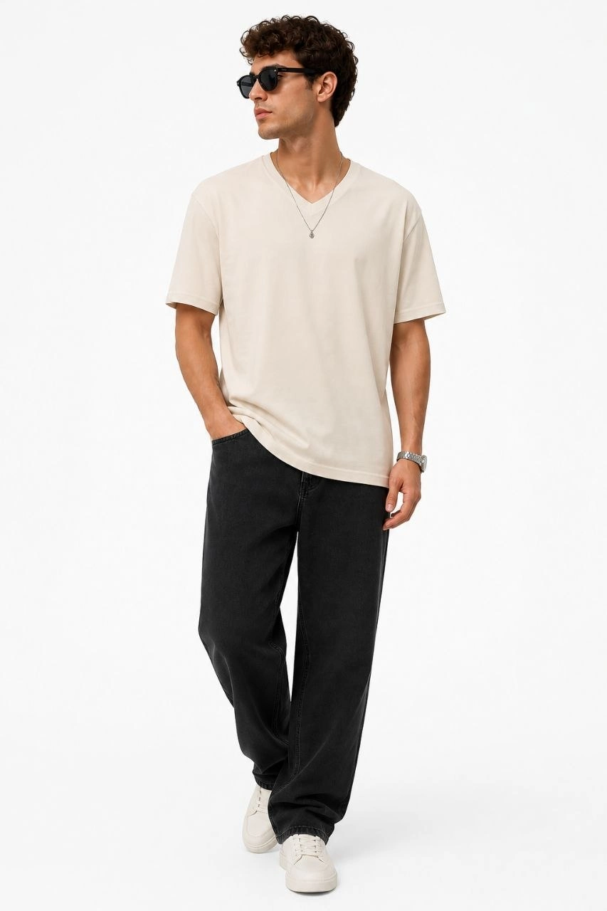 69f73214652e5-89115031-sw853sh1280 Erkek V Yaka Basic Tişört Kısa Kol Yazlık Regular Fit T-Shirt - Bej - Görsel 2