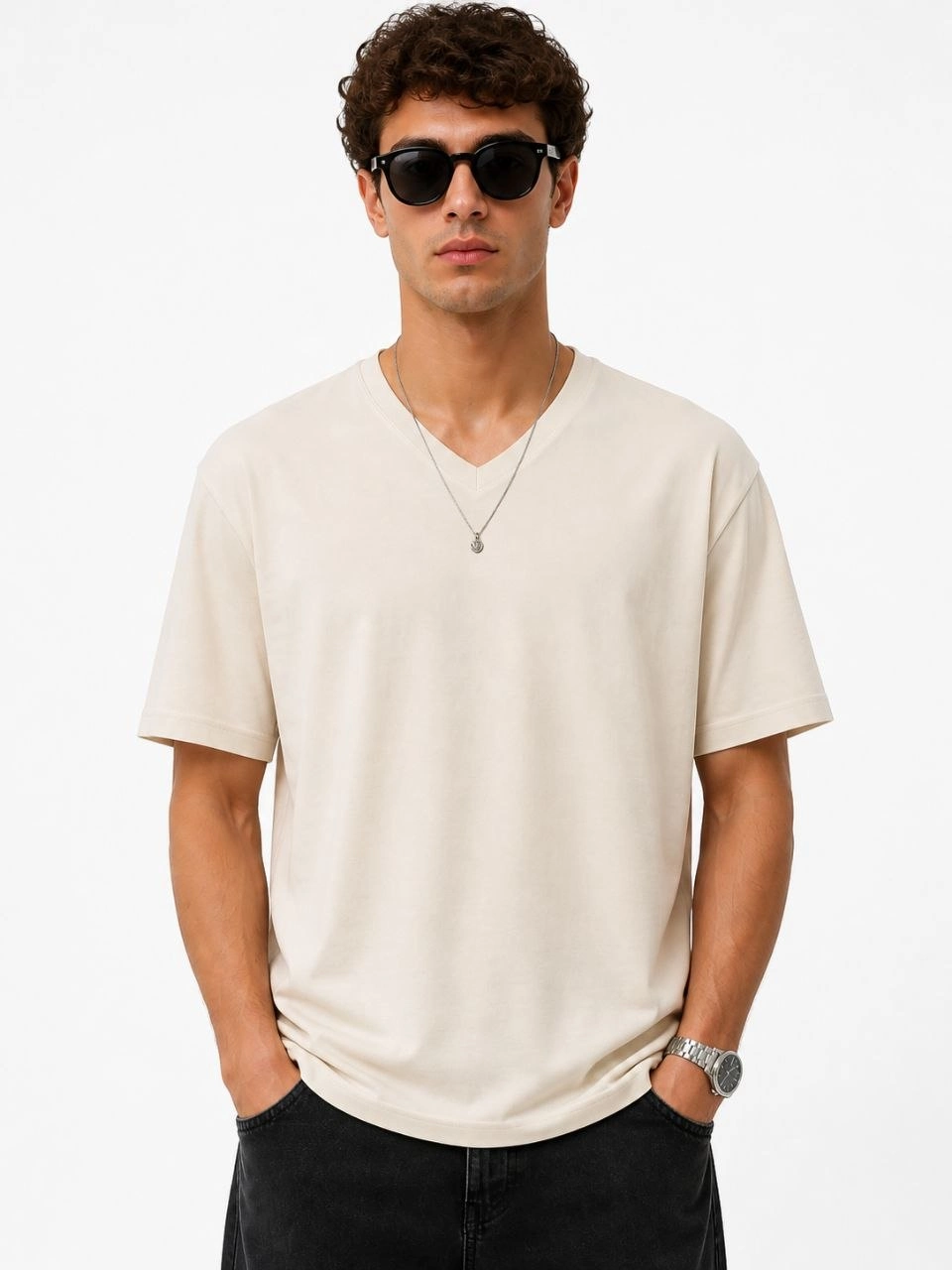 69f732146f58c-51934033-sw960sh1280 Erkek V Yaka Basic Tişört Kısa Kol Yazlık Regular Fit T-Shirt - Bej