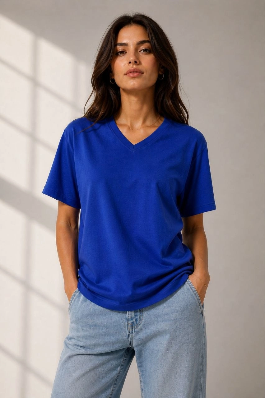 69f7383ae9944-6099935-sw852sh1280 Kadın V Yaka Basic Tişört Kısa Kol Yazlık Regular Fit T-Shirt - Saks Mavisi - Görsel 2