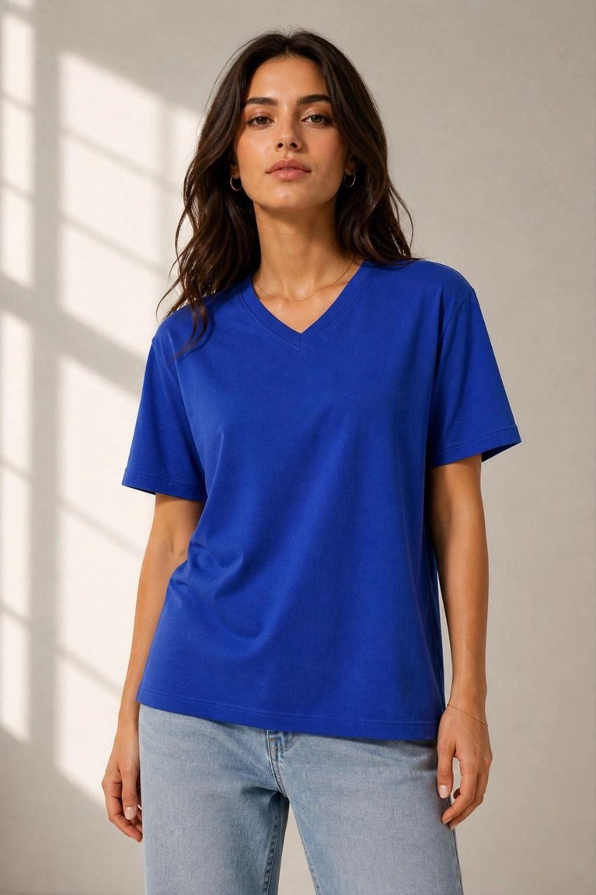 69f7383aee181-68209280-sw852sh1280 Kadın V Yaka Basic Tişört Kısa Kol Yazlık Regular Fit T-Shirt - Saks Mavisi