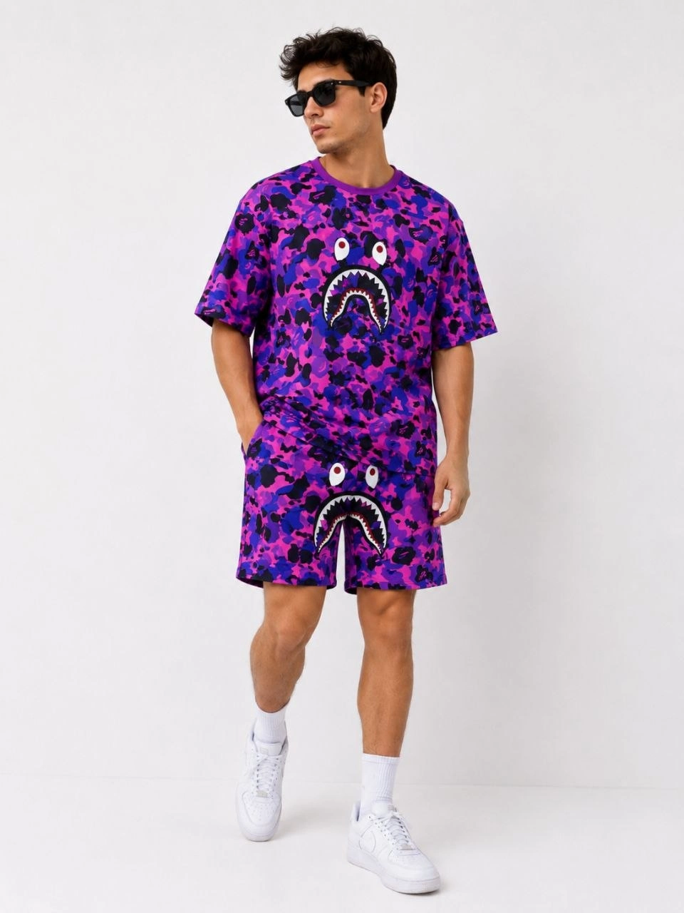 6a00d1c1a92c0-2093473-sw960sh1280 Erkek Oversize Kalıp Pubg Bape X Shark Nakışlı Cepli Şort Takım - Mor
