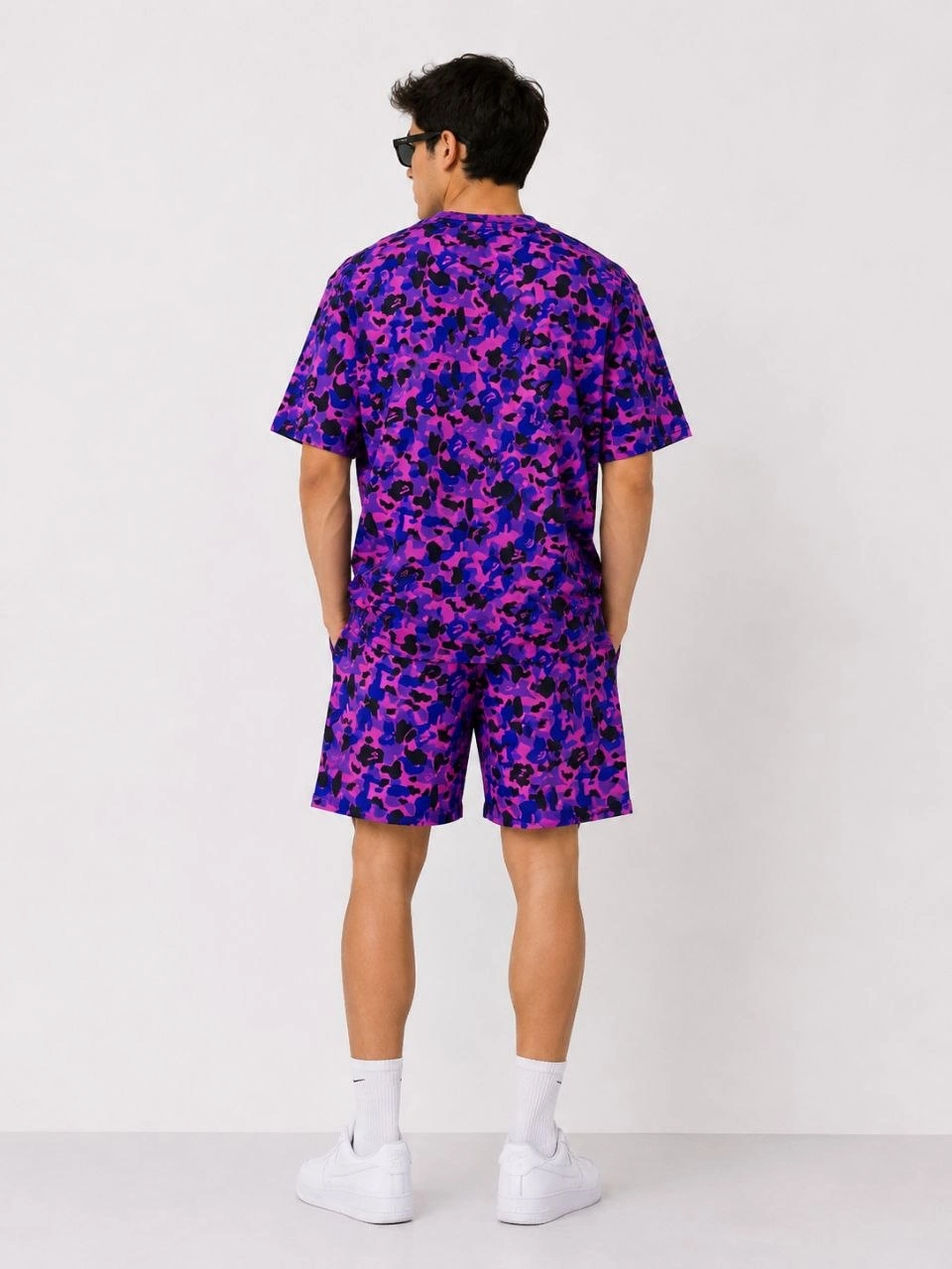 6a00d1c1ac4e0-58976661-sw960sh1280 Erkek Oversize Kalıp Pubg Bape X Shark Nakışlı Cepli Şort Takım - Mor - Görsel 2