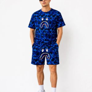 Erkek Oversize Kalıp Pubg Bape X Shark Nakışlı Cepli Şort Takım - Mavi