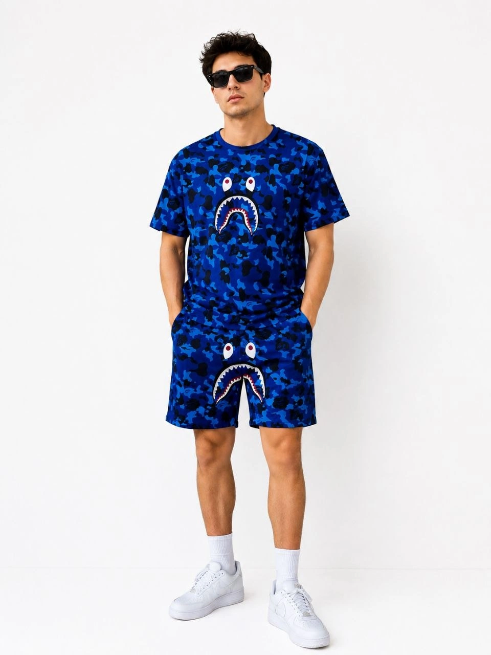 6a00d37d9810b-16359681-sw960sh1280 Erkek Oversize Kalıp Pubg Bape X Shark Nakışlı Cepli Şort Takım - Mavi