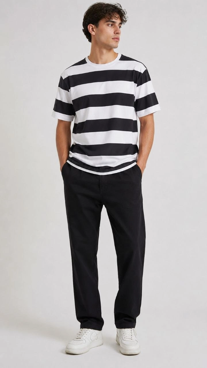6a00d5bb0abd3-74808329-sw720sh1280 Erkek Çizgili Oversize Tişört Bisiklet Yaka Kısa Kol Yazlık T-Shirt - Siyah