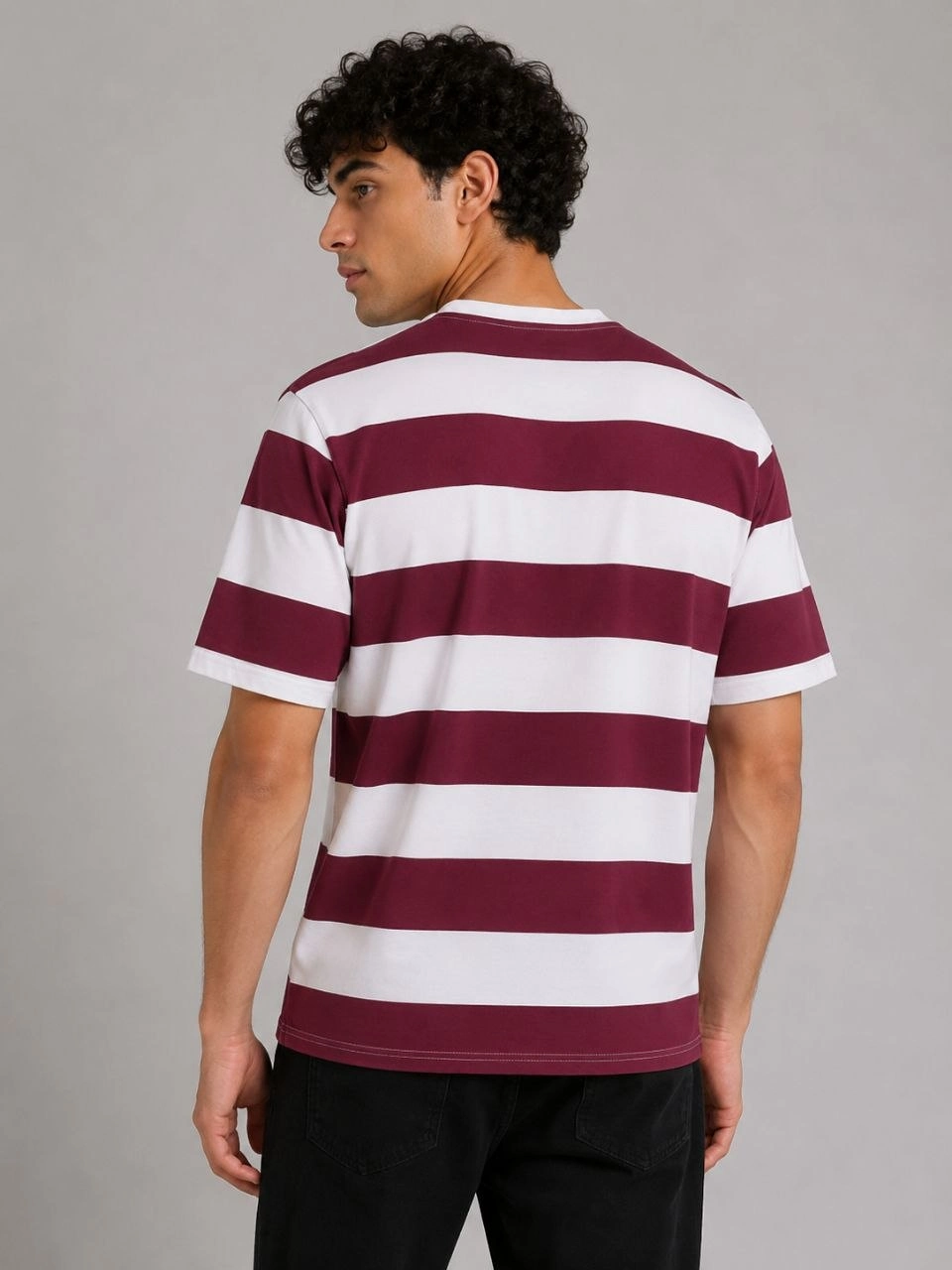 6a00d649df60a-3203957-sw960sh1280 Erkek Çizgili Oversize Tişört Bisiklet Yaka Kısa Kol Yazlık T-Shirt - Bordo - Görsel 2