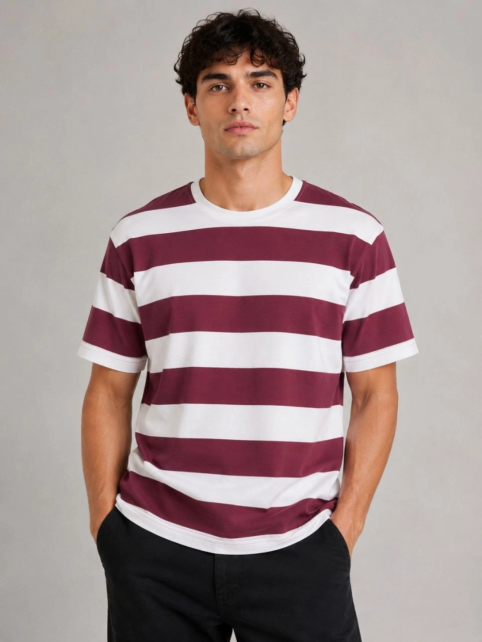 6a00d649df79b-26960052-sw960sh1280 Erkek Çizgili Oversize Tişört Bisiklet Yaka Kısa Kol Yazlık T-Shirt - Bordo