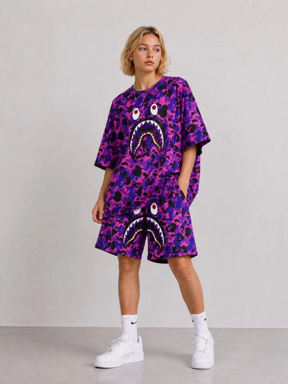 6a00dccf8c00e-87779959-sw960sh1280 Kız Çocuk Oversize Kalıp Pubg Bape X Shark Nakışlı Cepli Şort Takım - Mor