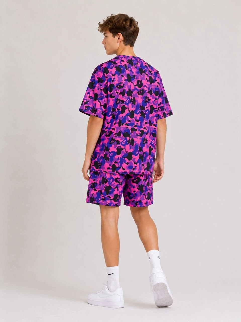 6a00dd7e15c7c-90357990-sw960sh1280 Erkek Çocuk Oversize Kalıp Pubg Bape X Shark Nakışlı Cepli Şort Takım - Mor - Görsel 2