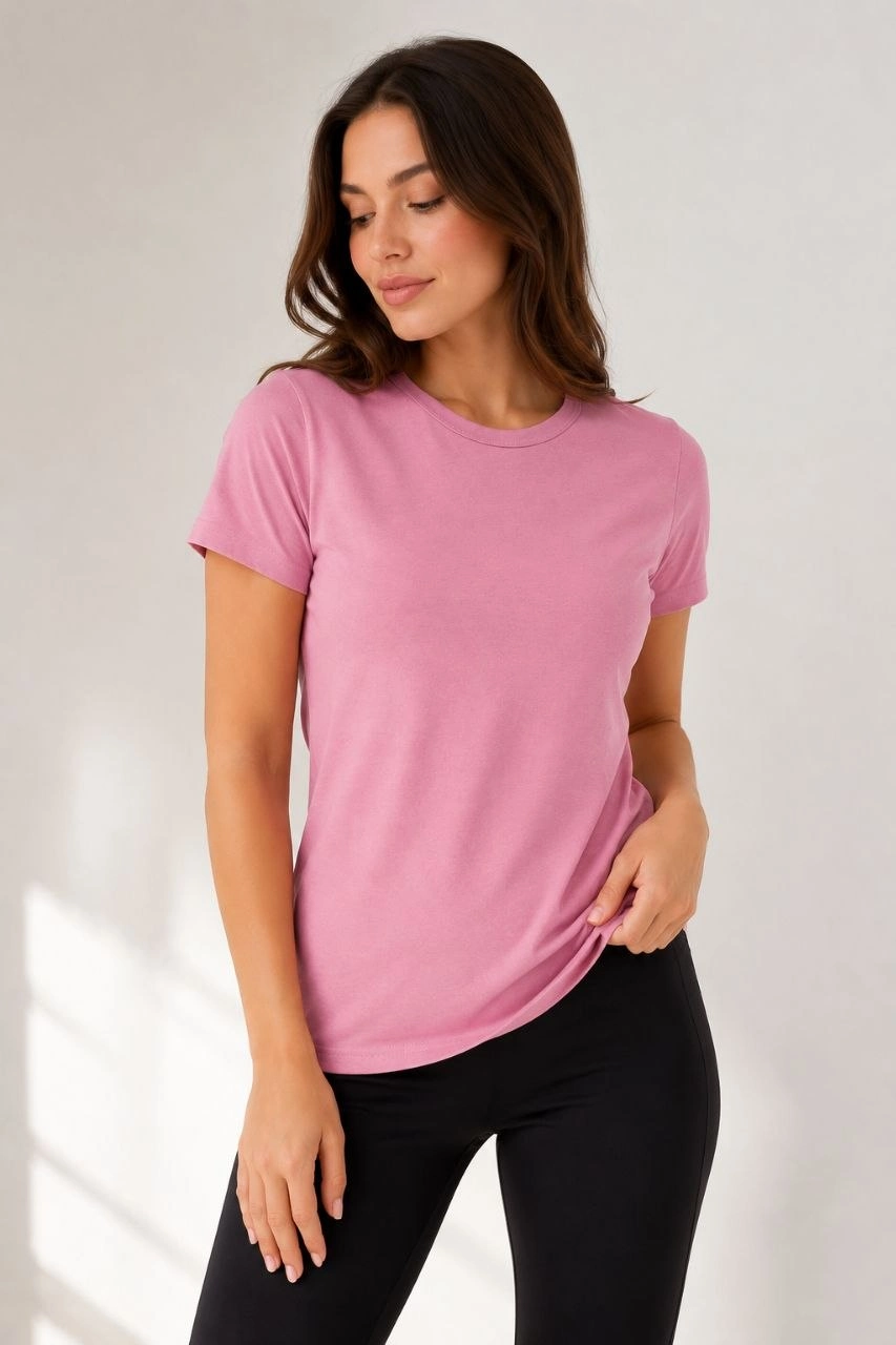 6a099ce5b975a-19924928-sw853sh1280 Kadın Basic Tişört Bisiklet Yaka Kısa Kol Günlük Yazlık Slim fit T-Shirt - Pembe