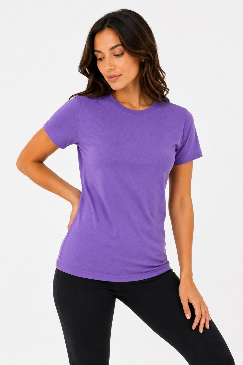 6a099e4956a0b-59047654-sw852sh1280 Kadın Basic Tişört Bisiklet Yaka Kısa Kol Günlük Yazlık Slim fit T-Shirt - Mor