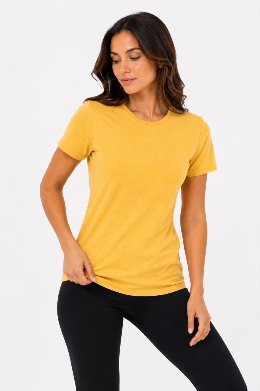 6a099e93c3700-97899656-sw852sh1280 Kadın Basic Tişört Bisiklet Yaka Kısa Kol Günlük Yazlık Slim fit T-Shirt - Sarı