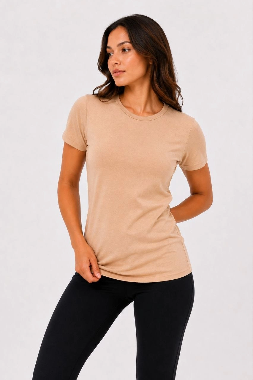 6a099f464c3dc-41801315-sw852sh1280 Kadın Basic Tişört Bisiklet Yaka Kısa Kol Günlük Yazlık Slim fit T-Shirt - Bej - Görsel 2