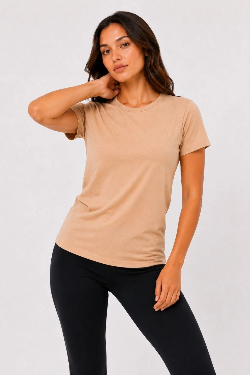 6a099f464d18b-51762526-sw852sh1280 Kadın Basic Tişört Bisiklet Yaka Kısa Kol Günlük Yazlık Slim fit T-Shirt - Bej
