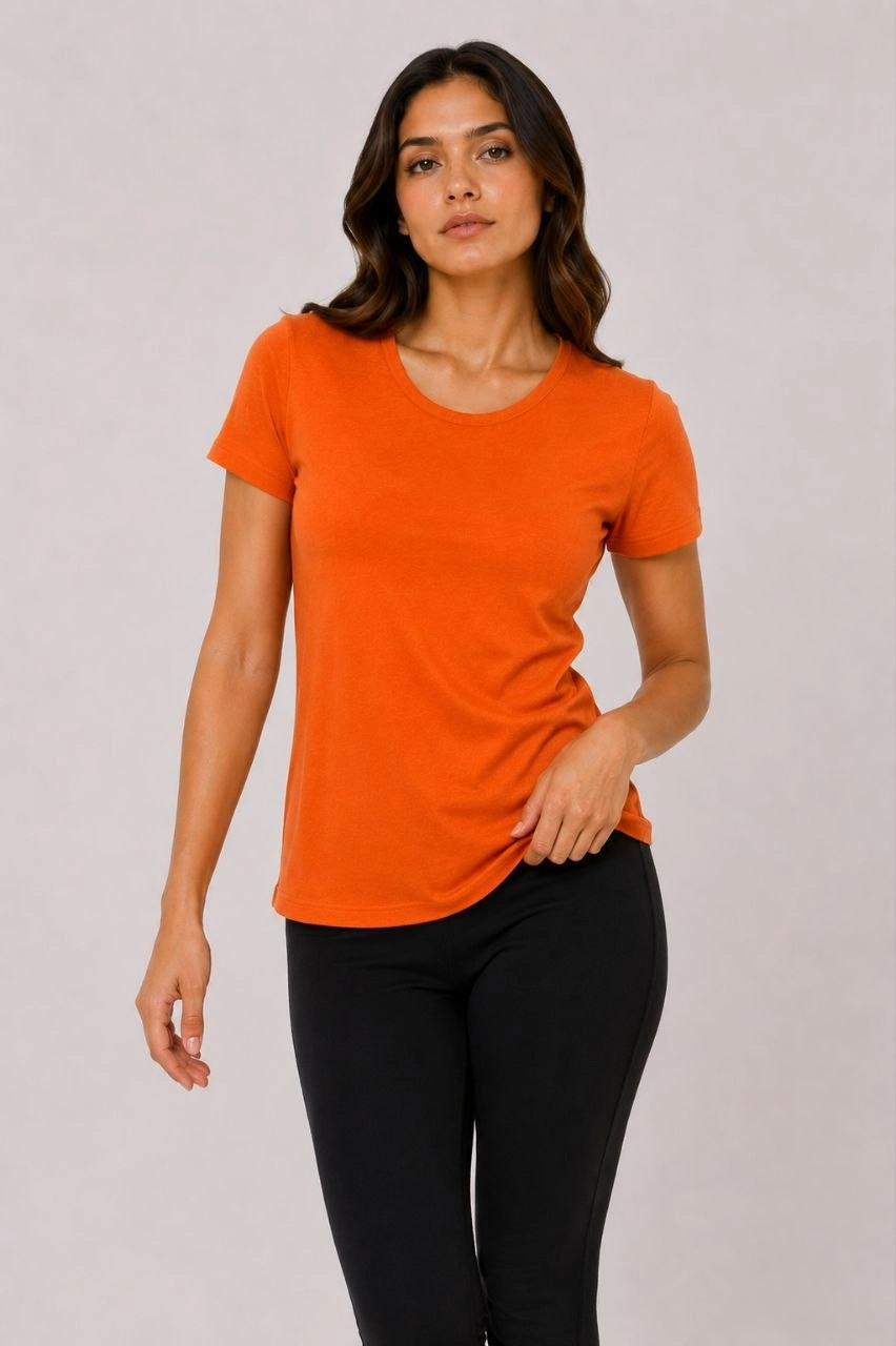 6a099ff96e230-34824581-sw852sh1280 Kadın Basic Tişört Bisiklet Yaka Kısa Kol Günlük Yazlık Slim fit T-Shirt - Turuncu - Görsel 2