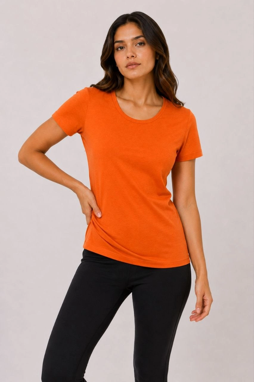 6a099ff96e71f-15235477-sw852sh1280 Kadın Basic Tişört Bisiklet Yaka Kısa Kol Günlük Yazlık Slim fit T-Shirt - Turuncu