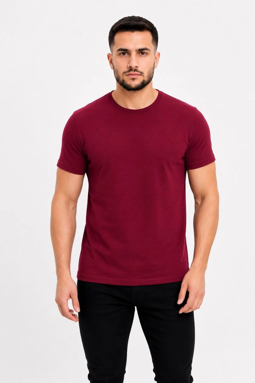 6a09a49e7934c-94762447-sw853sh1280 Erkek Basic Tişört Bisiklet Yaka Kısa Kol Günlük Yazlık Slim fit T-Shirt - Bordo - Görsel 2