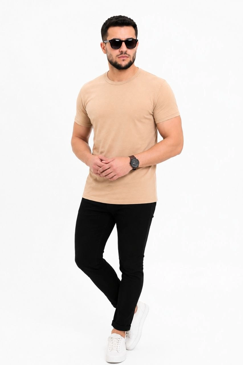 6a09a5c86d8f3-45328390-sw853sh1280 Erkek Basic Tişört Bisiklet Yaka Kısa Kol Günlük Yazlık Slim fit T-Shirt - Bej - Görsel 2