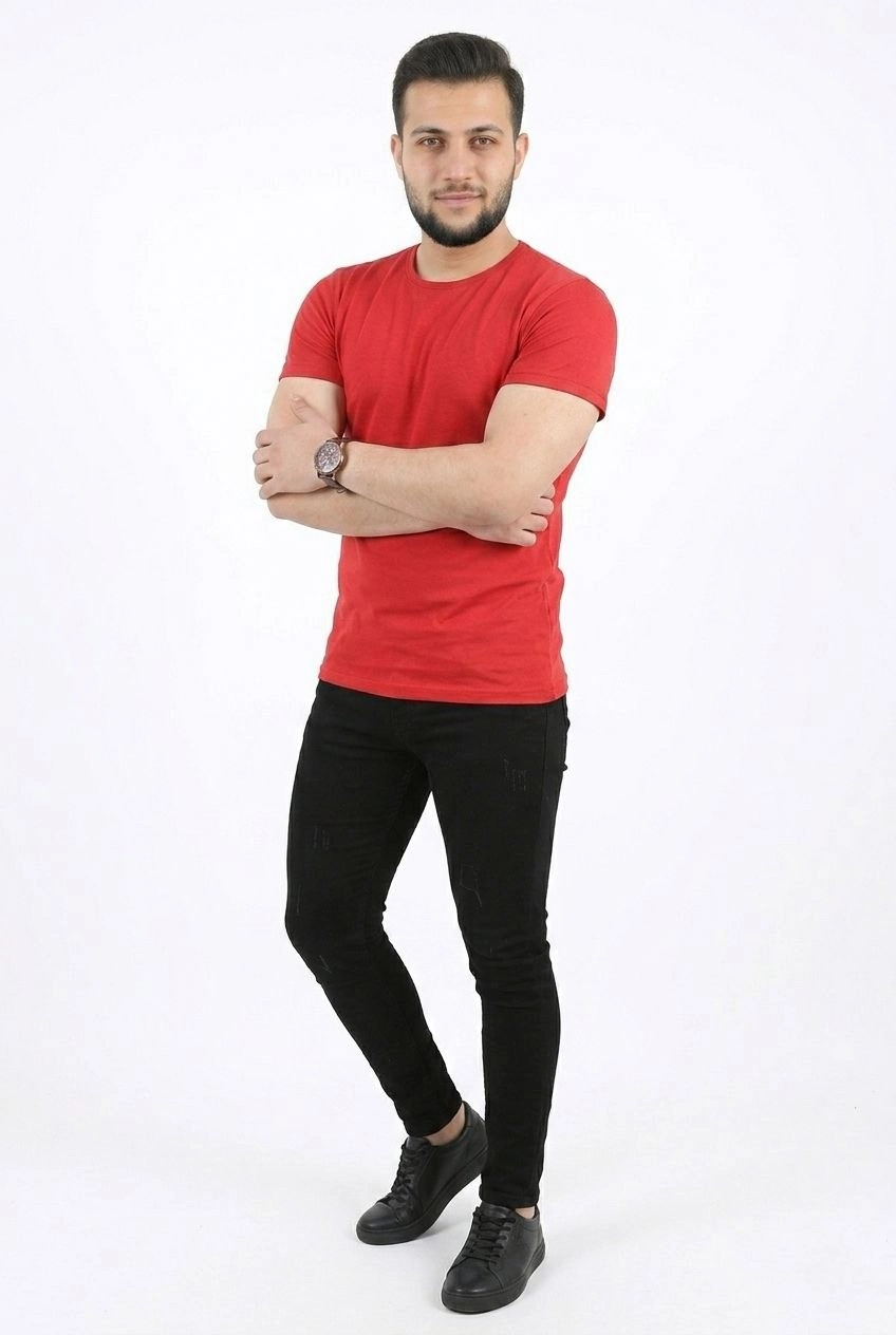 6a09a650725f3-27362923-sw848sh1264 Erkek Basic Tişört Bisiklet Yaka Kısa Kol Günlük Yazlık Slim fit T-Shirt - Kırmızı - Görsel 2