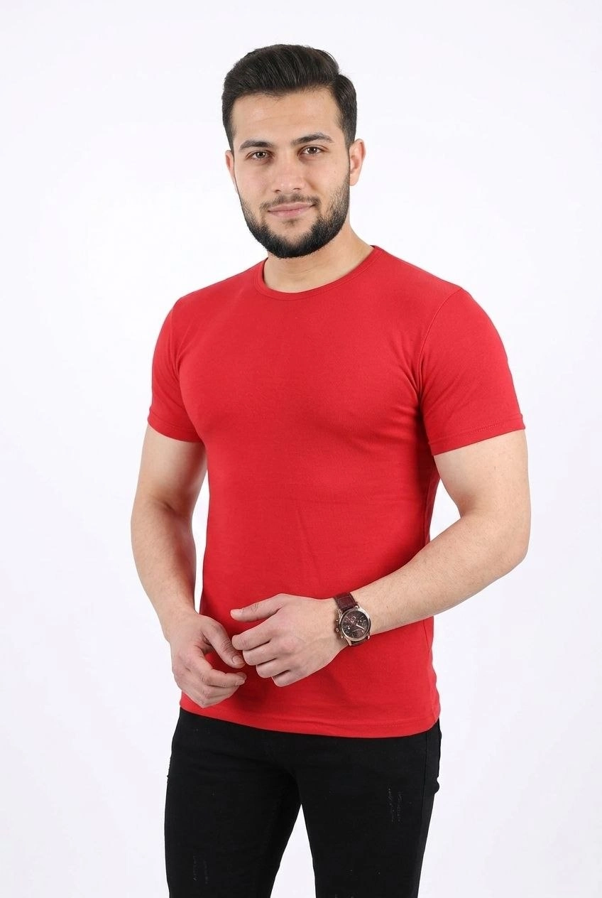 6a09a650739c4-87264896-sw848sh1264 Erkek Basic Tişört Bisiklet Yaka Kısa Kol Günlük Yazlık Slim fit T-Shirt - Kırmızı