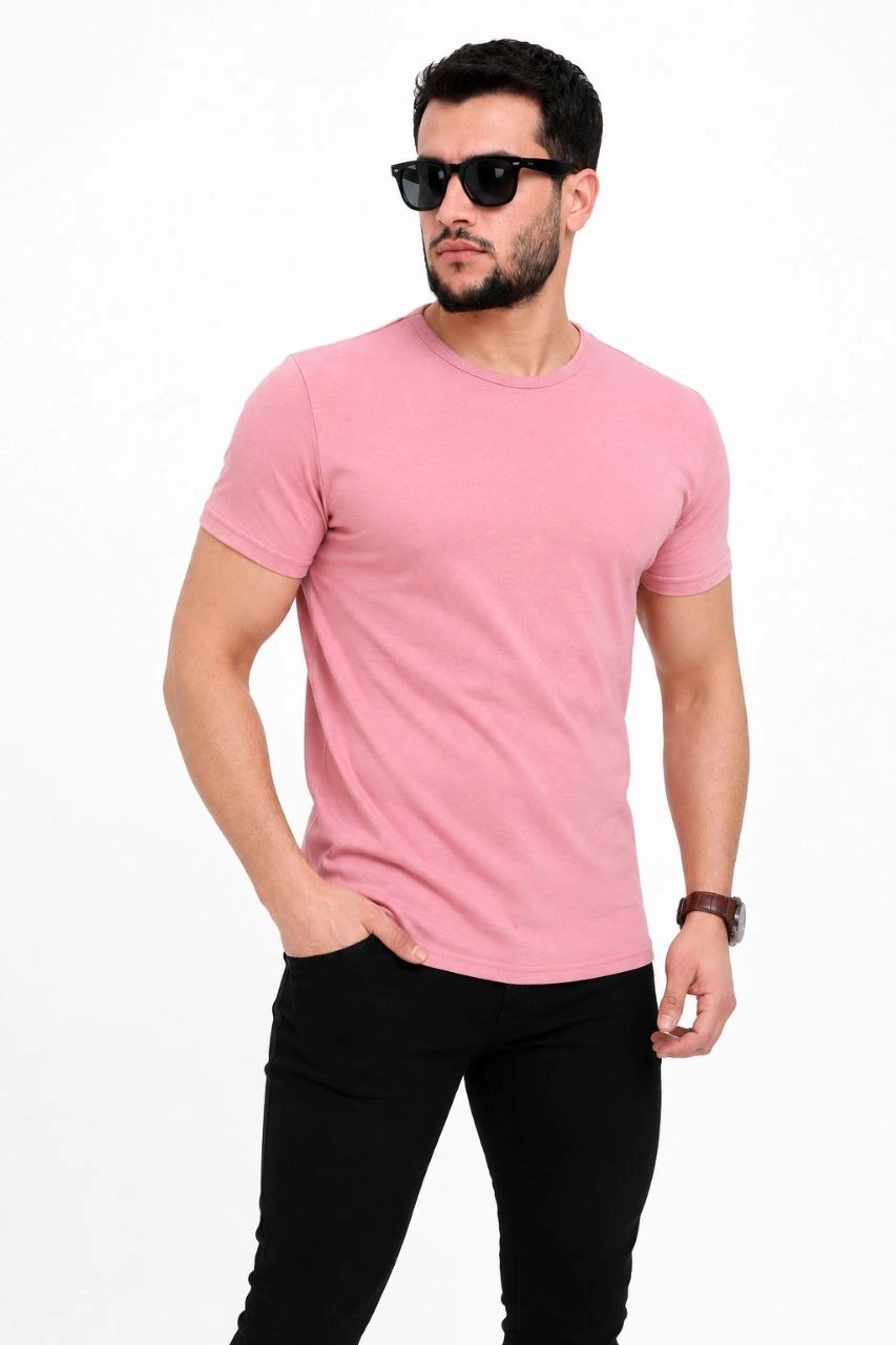 6a09a6f8da5c0-57341656-sw853sh1280 Erkek Basic Tişört Bisiklet Yaka Kısa Kol Günlük Yazlık Slim fit T-Shirt - Pembe - Görsel 2