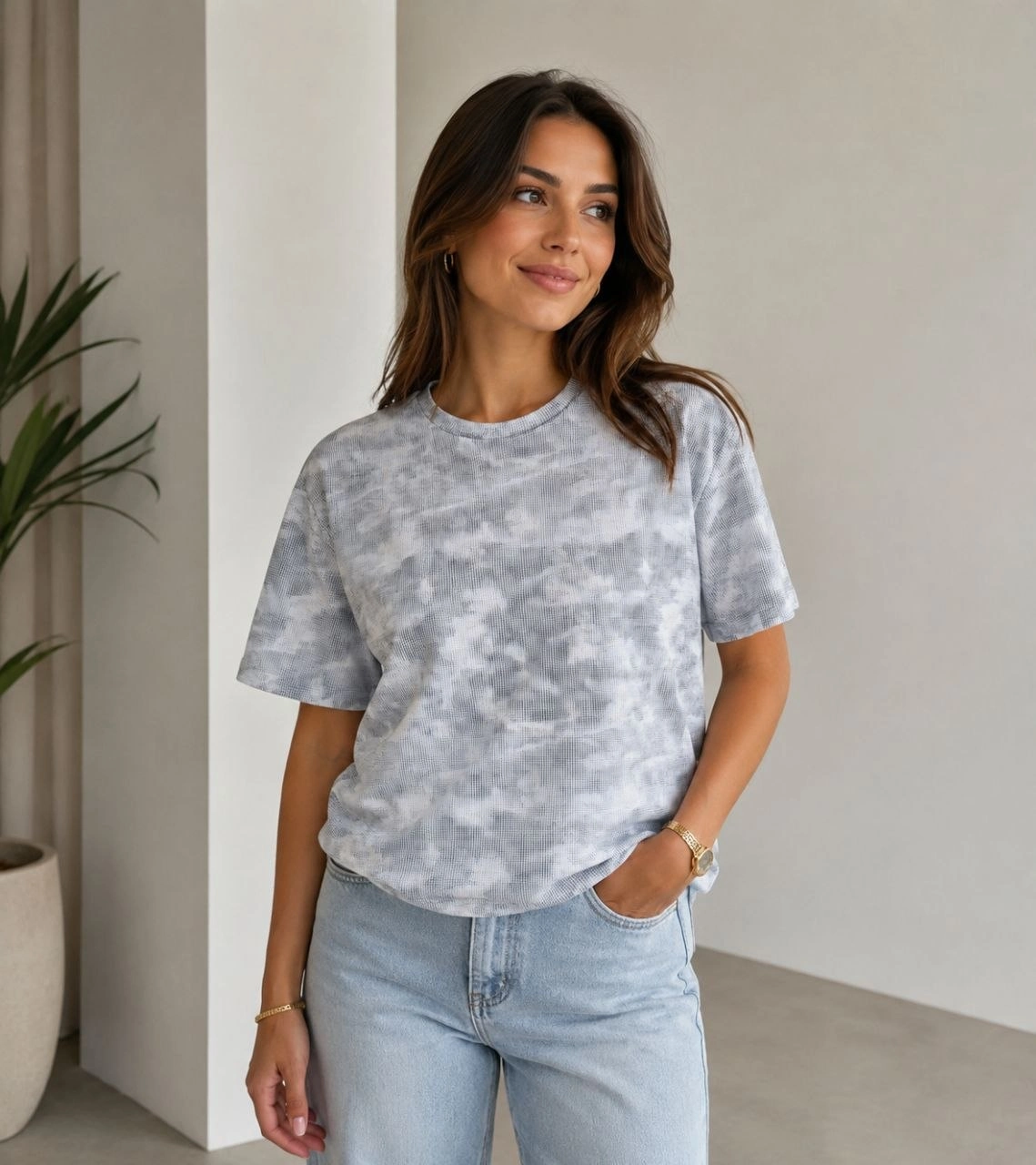 6a0aef401fc5b-59507491-sw1139sh1280 Kadın Batik Desenli Tişört Bisiklet Yaka Kısa Kol Regular Fit T-shirt - Gri