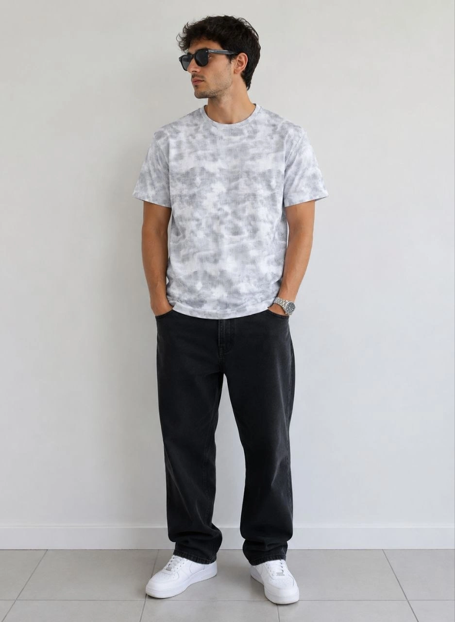 6a0b1a8f965bc-52640338-sw937sh1280 Erkek Batik Desenli Tişört Bisiklet Yaka Kısa Kol Regular Fit T-shirt - Gri - Görsel 2