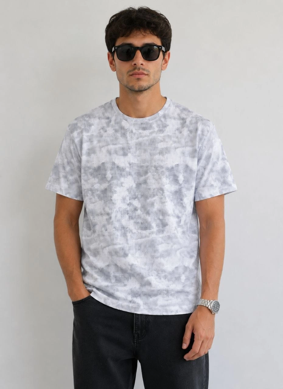 6a0b1a8fa049f-3424526-sw930sh1280 Erkek Batik Desenli Tişört Bisiklet Yaka Kısa Kol Regular Fit T-shirt - Gri