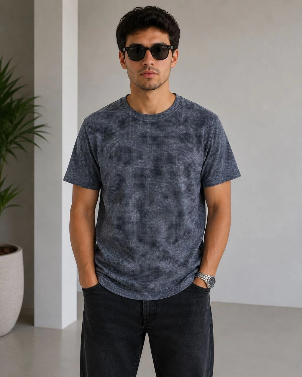 6a0b1b4eac9df-23601815-sw1024sh1280 Erkek Batik Desenli Tişört Bisiklet Yaka Kısa Kol Regular Fit T-shirt - Füme