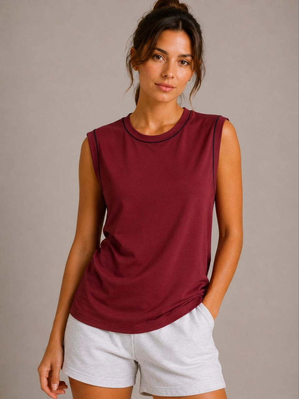 6a0c199071aab-35440595-sw958sh1280 Kadın Kontrast Biyeli Kolsuz Atlet Bisiklet Yaka Yazlık Basic Atlet - Bordo