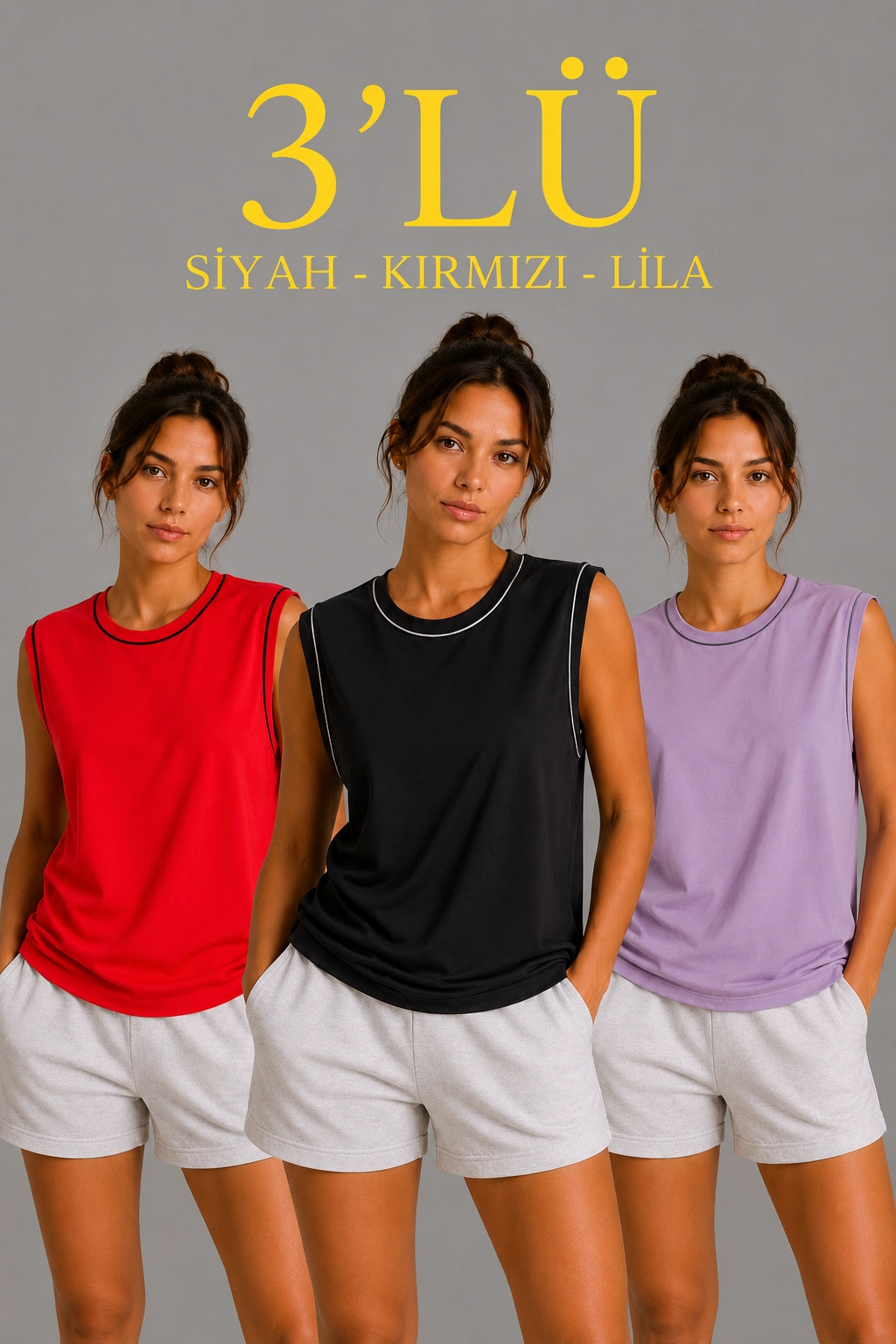 6a0de3763debe-95172560-sw1024sh1536 Kadın 3’lü Kolsuz Sporcu Atlet Seti Yazlık Bisiklet Yaka - Siyah, Kırmızı, Lila