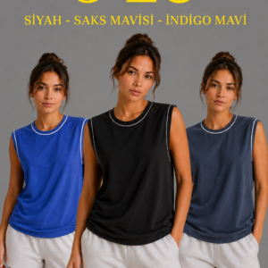 Kadın 3’lü Kolsuz Sporcu Atlet Seti Yazlık Bisiklet Yaka - Siyah, Saks Mavisi, İndigo