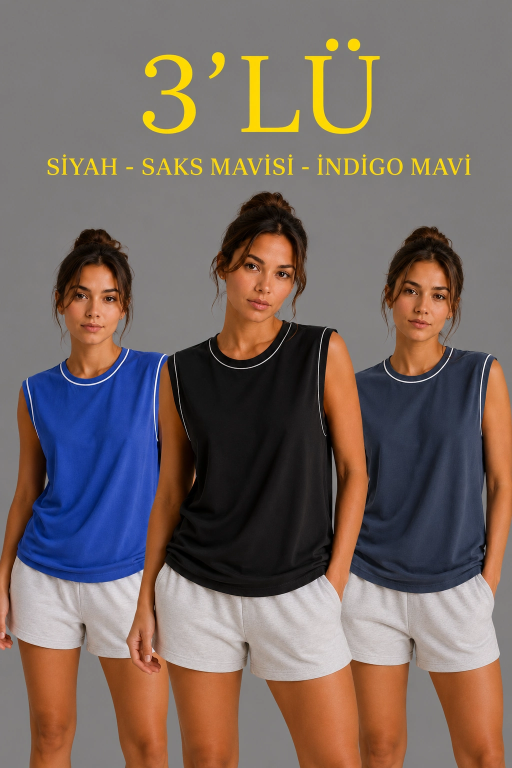 6a0de44d65352-3653682-sw1024sh1536 Kadın 3’lü Kolsuz Sporcu Atlet Seti Yazlık Bisiklet Yaka - Siyah, Saks Mavisi, İndigo
