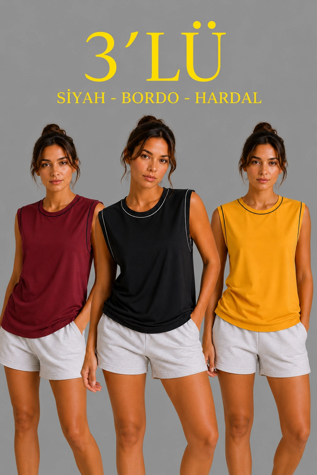 6a0de51eeb8f2-41398336-sw1024sh1536 Kadın 3’lü Kolsuz Sporcu Atlet Seti Yazlık Bisiklet Yaka - Siyah, Bordo, Hardal