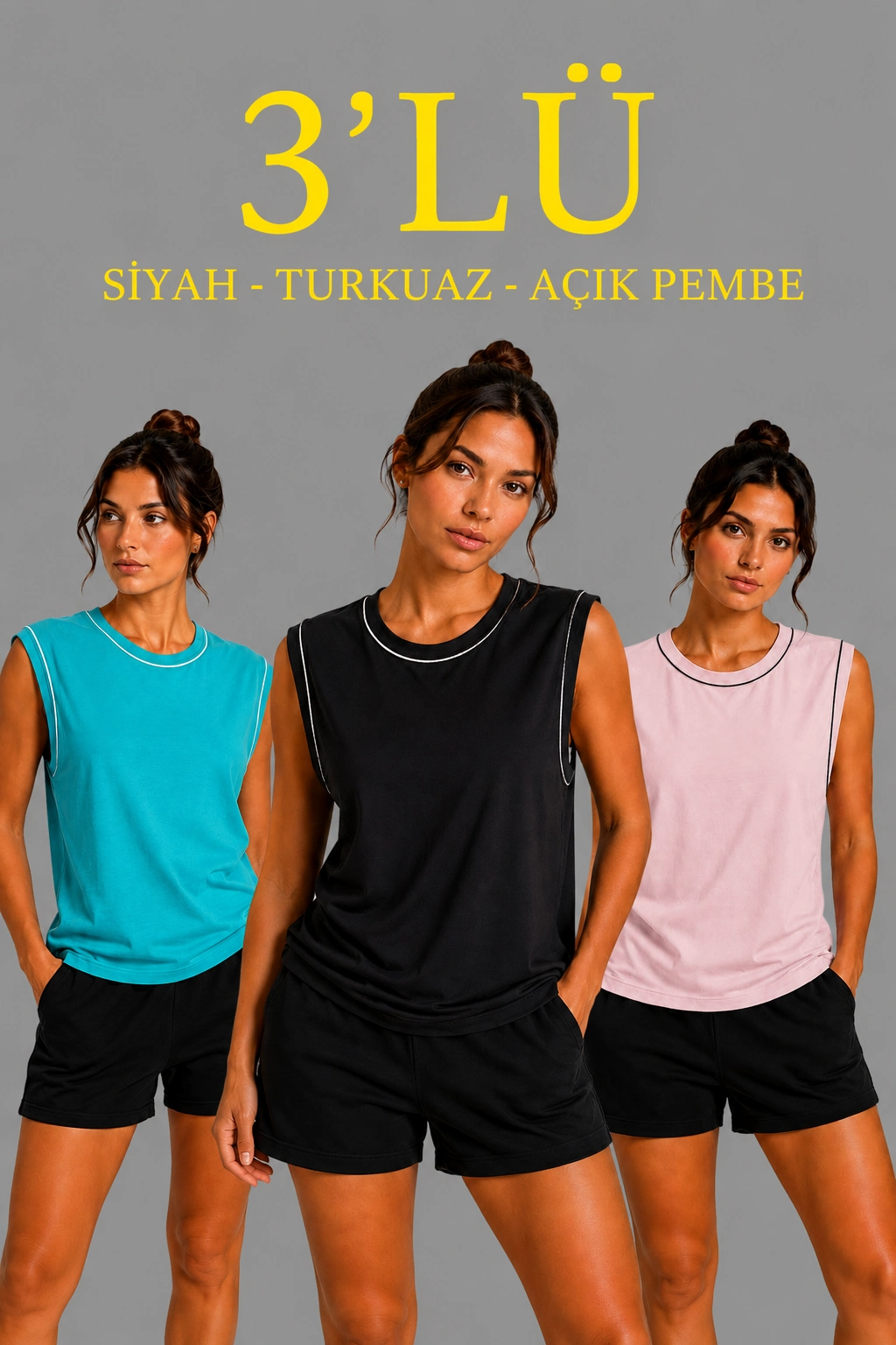 6a0de5a5e2f02-12160872-sw1024sh1536 Kadın 3’lü Kolsuz Sporcu Atlet Seti Yazlık Bisiklet Yaka - Siyah, Turkuaz, Pembe